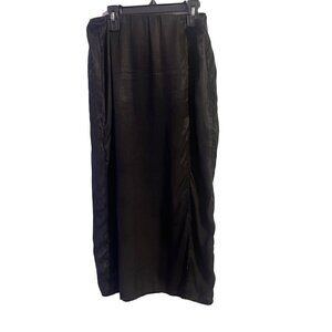 Black Satin Midi Skirt High Waist Side Zipper Slit at front Unlined Size Medium